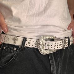 y2k 2000s White rhinestones detailing, with silver metal crosses grunge Vegan Leather belt Style: Grunge/Emo Unisex! Super slick and high quality material One size fits most (28"-36" waist recommended) 45.5" L  1.5" W brand new Bling Belt Outfit, Silver Belt Outfit, Early 2000s Outfits, Metal Crosses, Belt Outfit, Y2k Belt, Bling Belts, Style Bundle, White Studs