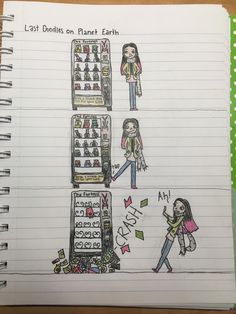 an open notebook with drawings of people shopping at the grocery store and another drawing on it