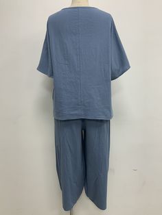 Women's Solid Color Cotton Linen Shirt & Pants Relaxed Fit S-5XL Loose Button Harem Pants & Short Cotton Linen Two-piece Matching Set Casual Blue Short Sleeve Pant Set, Casual Daywear Sets With Buttons, Casual Blue Buttoned Sets, Casual Blue Pant Set For Work, Casual Blue Sets With Buttons, Casual Wide Leg Daywear Sets, Casual Wide Leg Sets For Daywear, Casual Daywear Sets With Pockets, Relaxed Fit Casual Pant Set For Daywear