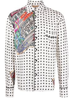 white/multicolour silk panelled design abstract pattern print geometric-pattern print spread collar front button fastening long sleeves buttoned cuffs curved hem When buying this unisex item, keep in mind that it is graded in standard men's sizing. Designer Multicolor Silk Shirt, Multicolor Geometric Long Sleeve Shirt, Designer Patterned Printed Shirt, Designer Printed White Shirt, Designer White Printed Shirt, Designer Multicolor Long Sleeve Shirt, White Long Sleeve Shirt With Geometric Pattern, White Silk Button-up Shirt, White Long Sleeve Silk Shirt