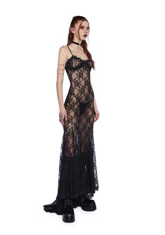 Widow Goth Sheer Stretchy Lace Maxi Dress - Black – Dolls Kill Shoes Platform Boots, Dark Gothic Fashion, Sheer Lace Dress, Demonia Shoes, Estilo Hippy, Witchy Fashion, Black Dolls, Pride Outfit, Corset Mini Dress