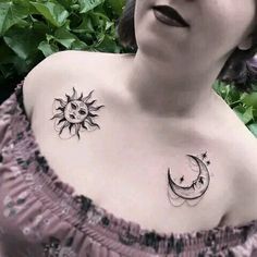 Moon and sun cheat tattoo ideas for women, Top Of Chest Tattoo Female, Chest Tattoo Female Witch, Small Upper Chest Tattoos For Women, Upper Breast Tattoo For Women, Moon Chest Tattoo Female, Side Chest Tattoo, Chest Tattoo Ideas For Women, Shoulder Chest Tattoo Female, Chest Piece Tattoos For Women