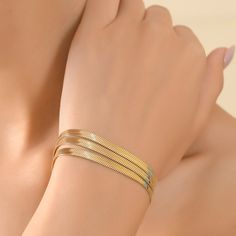 Metal- Recycled Bronze Plating- 14k Premium Gold Plating Length- 7.5 Inch Elegant Gold Double Band Cuff Bracelet, Elegant Double Band Gold Cuff Bracelet, Elegant Bangle Chain Bracelet, Elegant Double Band Formal Bracelets, Elegant Double Band Bracelets For Formal Occasions, Gold Double Band Bracelet For Formal Occasions, Gold Double Band Bracelets For Formal Occasions, Elegant Double Band Bracelet Jewelry, Elegant Double Band Bracelet With Strap