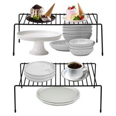 three tiered serving rack with plates and desserts