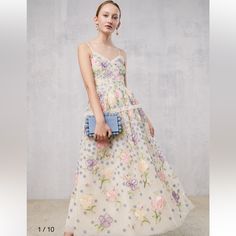 Nwt. No Flaws. Beautiful Beautiful Dress Pink Floral Embellished Spring Gown, Embroidered Dress For Spring Gala, Floor-length Floral Embellished Gown For Summer, Spring Embroidered Dress For Gala, Embroidered Spring Dresses For Gala, Embroidered Spring Gala Dress, Spring Evening Gown With Floral Embroidery, Pink Floor-length Gown For Spring, Summer Midi-length Gown For Gala