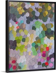 an abstract painting with multicolored circles and dots on the bottom, in black frame