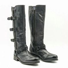 New! Bed Stu Skyla Knee High Leather Boot Black Womens Size 7.5 Dd311 Msrp $365 New Without Box-Never Worn-Guaranteed Authenticity Taking On The Streets Of A New City Just Got A Lot More Fun In Skyla. This Beautiful Goodyear Welted Tall Boot Features A 1.5 Inch Stacked Leather Heel And Is Adorned With 3 Side Buckles, A Handwoven Leather Strap And A Side Zipper For Easy Access. Pair Skyla With Your Favorite Dress Or A Cute Pair Of Jeans And Take On The City Streets, One Step At A Time Chrome And New Bed, Bed Stu, Buckle Boots, Knee High Leather Boots, Black Boots Women, Leather Boot, Goodyear Welt, Moto Boots, Black Leather Boots