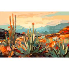 an abstract painting of cactus plants in the desert