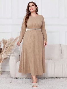 Plus Size Elegant Solid Color Dress For Spring & Autumn Apricot Casual  Long Sleeve Knitted Fabric Plain A Line Medium Stretch  Women Plus Clothing, size features are:Bust: ,Length: ,Sleeve Length: Plus Size Elegant, Bohemian Style Dresses, Dress For Spring, Solid Color Dress, Retro Women, Color Dress, Evening Party Dress, Inspiration Mode, Kids Beachwear