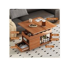 a coffee table with drawers on the bottom and an open drawer underneath it, labeled