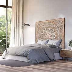 Bedroom Ideas Pallet Bed, Modern Boho Bedroom Black, Bedroom Black Bed Frame, Boho Bedroom Black, Bedroom Metal Bed, Boho Bed Headboard, Bedroom Black Bed, Bali Bedroom, Carved Wall Decor