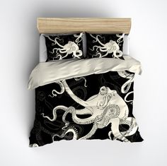 an octopus bedding set with black and white designs