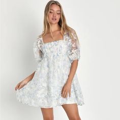 I Love This Dress! Bought It For My Bridal Shower But I Chose Another Dress Last Minute. It Is Brand New With Tags. I Kept It Just Incase But I Haven’t Had An Event To Wear It To. If You Love It Get It!! It Is Sold Out On Lulus Until May And You Are Getting A Great Deal Blue Floral Print Puff Sleeve Mini Dress, Light Blue Floral Print Mini Dress With Puff Sleeves, Flower Short Dress, Puff Mini Dress, Lulus Dresses, Dresses Floral, Lulu Dresses, Fashion 2024, Future Kids