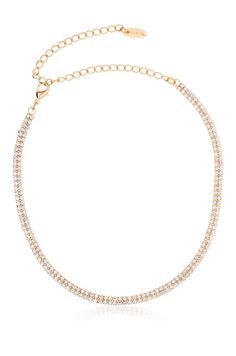 A gold necklace adorned with sparkling rhinestones is positioned floating against a plain white background. It features a clasp and chain for adjustment Bachelorette Party Dress, Champagne Dress, Rehearsal Dress, Maxi Dress Wedding, Timeless Jewelry, Silver Dress, Plate Size, New Arrival Dress, Black Tie