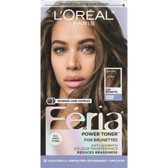 L'Oreal Paris Feria Toner in Iced Brunette, 1 Kit, offers a long-lasting, anti-brass solution with a vegan formula. This chemical hair dye helps eliminate brassiness while maintaining your multi-faceted brunette color. Built-in conditioning polymers reinforce lightened strands, resulting in softer, shinier hair. The fast, high-speed technology neutralizes unwanted red and orange tones in as little as 5 minutes, giving you a multi-dimensional brunette finish. Feria Iced Brunette Toner keeps brass Hair Toner For Brunettes, Toner For Brown Hair, Brown Hair Color Styles, Ash Brown Hair Dye, Feria Hair Color, Cool Brown Hair, Hair Color Styles, Ash Brown Hair Color, Temporary Hair Dye