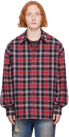 Oversized cotton flannel shirt. Check pattern throughout. · Spread collar · Button closure · Logo embroidered at chest · Shirttail hem · Raglan sleeves · Single-button barrel cuffs · Box pleat at back yoke Supplier color: Red Red Checked Shirt, Red Long Sleeve Cotton Flannel Shirt, Red Relaxed Fit Flannel Button-up Shirt, Red Vintage Flannel Shirt, Red Relaxed Fit Button-up Flannel Shirt, Vintage Red Button-up Flannel Shirt, Box Pleats, Check Shirt, Check Pattern