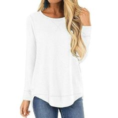 Look for a good replacement for your worn out shirts? Want something that you can dress up in but also be casual? This t-shirt is your GOOD CHOICE! SHIBEVER Long Sleeve Round Neck Plain Business Basic Comfy T-Shirts for Women Fall Trendy Athletic Fashion Classy Cute Casual Flowy Holiday Clearance Winter Crew Neck Tunics Tops Blouses Fashion Tops for Women Long Sleeve T Shirt Irregular Hem Tunic Top Product Details: Size: S, M, L, XL, XXL Material: Cotton/Polyester/Spandex. Design: Long sleeve, p Women Fall Tops, Cute White Tops, White Blouses, Basic Workout, Fall Tops, Trendy Tops For Women, Tunic Tops Casual, Fashion Tops Blouse, Casual Tunics