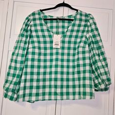 A New Day Top Blouse Plaid Buffalo Check Green White Summer Puff Sleeve Shirt Spring Gingham V-neck Blouse, Fall Gingham V-neck Top, Spring Gingham V-neck Top, Gingham V-neck Tops For Spring, Gingham Long Sleeve Blouse For Day Out, Long Sleeve Gingham Blouse For Day Out, Green Puff Sleeve Tops For Brunch, Spring Gingham Long-sleeve Top, Gingham Long Sleeve Tops For Spring