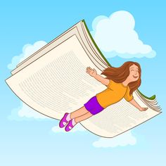 a girl is flying through the air while reading a book