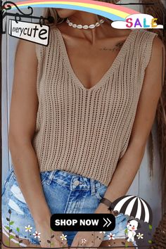 Khaki Hollowed Knit V Neck Tank Top Beige V-neck Sweater For Vacation, Casual Open Knit Crochet V-neck Top, Casual V-neck Open Knit Crochet Top, Beach V-neck Stretch Knit Top, Beige Open Knit V-neck Top, Beige Knitted Tops For Vacation, Beige V-neck Open Knit Top, Beige V-neck Knit Top For Vacation, Beige Pointelle Knit V-neck Crochet Top