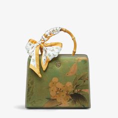 Rectangular Floral Print Shoulder Bag For Evening, Luxury Floral Print Top Handle Bag, Elegant Top Handle Bag With Floral Print, Luxury Bamboo Handle Bags For Spring, Elegant Floral Print Bag For Everyday Use, Elegant Floral Print Top Handle Shoulder Bag, Elegant Square Bag For Spring, Elegant Square Bags For Spring, Elegant Formal Bag With Bamboo Handle