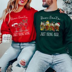 Order by December 12th to ensure delivery before Christmas. Orders will still be accepted after this date and processed as soon as possible, but may not arrive before Christmas Day. Please plan accordingly as refunds will not be provided for orders that are delivered within their estimated window. Elevate your festive style with our Dear Santa Couples Matching Sweatshirt, the perfect blend of cozy and quirky for a memorable Christmas party! Embrace the spirit of the season with this funny Christ Fun Winter T-shirt With Crew Neck, Winter Party Sweatshirt With Crew Neck, Winter Party Crew Neck Sweatshirt, Casual Winter Party Sweatshirt, Casual Winter Party T-shirt, Christmas Party Crew Neck Sweater, Fun Winter Crew Neck T-shirt, Fun Crew Neck T-shirt For Winter, Funny Print Long Sleeve T-shirt For Winter