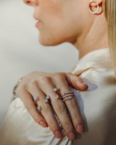 14k Gold and Diamond Rings, Stackable. Jewelry Photoshoot, Solitaire Setting, White Gold Set, Solitaire Necklaces, Pave Setting