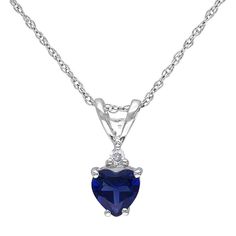 "A heart-shaped, lab-created sapphire center stone serves as the focal point on this 10k white gold necklace, while a diamond accent adds a touch of sparkle. PENDANT DETAILS Pendant length: .48 in. Chain length: 18 in. Chain type: rope Clasp: spring-ring Metal: 10k white gold Packaging: boxed  STONE DETAILS Stone type: lab-created sapphire Total weight: 5/8 ct. Center stone size: 5 mm x 5 mm Shape: heart Setting: prong DIAMOND DETAILS Total weight: 1/5 ct. Shape: round Color grade: G-H Clarity: Formal Heart Cut Birthstone Necklace, Classic Heart Cut Birthstone Necklace, Heart Cut Sapphire Birthstone Jewelry, Sapphire Heart Cut Birthstone Jewelry, White Gold Heart Cut Gemstone Necklace, Heart Cut Sapphire Necklaces, Sapphire Heart Cut Necklace Fine Jewelry, Heart Cut Sapphire Gemstone Necklace, Sapphire Heart Pendant Necklace For Anniversary