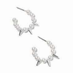 Claire's Silver-tone Pearl & Spike 10MM Hoop Earrings Oc Stuff, Fashionable Jewelry, Earring Sale, Jewelry And Accessories, Jewelry Earrings Hoops, Silver Hoop Earrings, Faux Pearl, Silver Earrings, Silver Tone