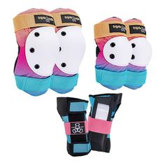 three pairs of skateboard knee pads with protective pads on each side and two different colors