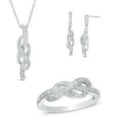 Express your everlasting love with this shimmering diamond pendant, earrings and ring set. Crafted in sleek sterling silver, each piece features beaded and diamond-accented ribbons that loop and twist into an infinity symbol-shaped knot. The pendant suspends along an 18.0-inch rope chain that secures with a spring-ring clasp. The drop earrings suspend from linear posts that secure comfortably with friction backs. The open-worked ring is available in size 7 only. Sterling silver rings cannot be r Elegant Infinity Diamond Cut Jewelry, White Gold Infinity Jewelry For Formal Occasion, Anniversary Jewelry Sets With Prong Setting, Dazzling White Gold Sterling Silver Jewelry Sets, Infinity Jewelry With Diamond Accents For Formal Occasions, Dazzling Sterling Silver Jewelry Sets For Anniversary, Fine Jewelry Infinity Shape For Formal Occasions, Diamond Infinity Jewelry For Formal Occasions, Formal Infinity Diamond Jewelry