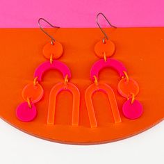 Bright and bold in hot pink, neon pink and orange to bring that ZING to your outfit! These are 2 1/2 inches long on handcrafted titanium earwires Retro Adjustable Pink Earrings, Bold Pink Earrings For Party, Bold Pink Party Earrings, Bold Orange Drop Earrings, Vibrant Pink Handmade Earrings, Vibrant Handmade Pink Earrings, Handmade Vibrant Pink Earrings, Study Core, Pink Neon