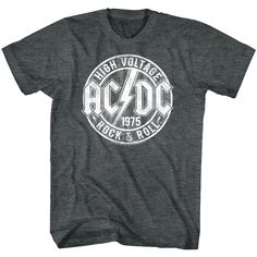 "AC/DC Men's T-Shirt by American Classics Part Scottish, part Aussie, 100% Rock Legends! Formed in Sydney in 1973, AC/DC went from Dirty Deeds Done Dirt Cheap on the Highway to Hell to Back to Black in The Flick of the Switch! They have sold over 200 million albums worldwide and they are still working on new music. Wear some rock history, this cool ACDC High Voltage Men's T-Shirt has a vintage style print with a distressed look as if you bought it at an AC/DC Concert Tour in the 80's     What's included:   Charcoal Heather printed t-shirt  Available in all sizes and Big & Tall sizes (S, M, L, XL, 2XL, 3XL, 4XL, 5XL, 6XL, LT, XLT, 2XLT, 3XLT, 4XLT)  Officially licensed apparel  Made of quality cotton blend  Full-color vintage style print to the chest  Double needle sleeve and bottom hem  Pr Rock Baby Clothes, Ac Dc Rock, Acdc Shirt, Heavy Metal Rock, Rock And Roll Bands, Heavy Metal Music, Disney Stars, Graphic Tees Vintage, Concert Tees