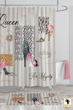 the shower curtain is decorated with high heel shoes and leopard print, which reads queen for my party