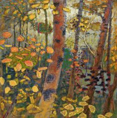 an oil painting of trees and leaves in the woods with yellow foliages on them