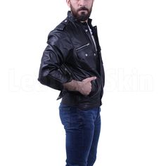 About Robert Black Leather Biker Jacket Remember what Schwarzenegger wore for his role in terminator? Well, wear this jacket, and you won’t look anything less than the multiple time winner of Mr. Olympia. The jacket has a glossy finish and gives you the luxury of both a button-up design and zippers. On top of that, you get a heavenly fitting with cow leather that is both soft and durable. The versatile design works with everything from your everyday slim fit jeans to your semi-casual chinos and loafers. Fold your sleeves and button up your coughs to show off your leather strapped watches and wristbands. Slim fitting Added decorations with zippers and pockets. Biker Style Leather Jacket With Pockets, Winter Leather Jacket With Pockets For Biker Events, Leather Biker Jacket With Flap Pockets, Winter Motorcycling Leather Jacket With Pockets, Winter Leather Jacket With Pockets For Motorcycling, Winter Leather Motorcycle Jacket With Pockets, Fitted Leather Jacket With Pockets For Biker Events, Leather Biker Jacket With Multiple Pockets, Winter Biker Jacket With Multiple Pockets