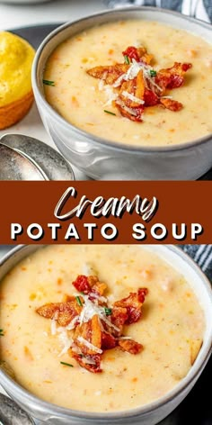 creamy potato soup with bacon and parmesan cheese in two serving bowls, ready to be eaten