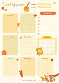 a weekly planner with autumn leaves and pumpkins on the side, including an apple