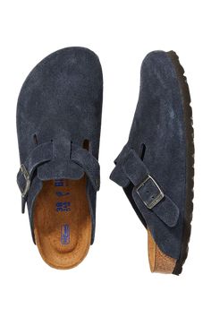 Boston Birkenstock Colors, Birkenstock Clogs Navy, Navy Blue Boston Clogs, Navy Boston Birkenstocks, Navy Blue Birkenstocks, Blue Birkenstock Clogs, Blue Boston Birkenstocks, Boston Berkinstock, 90s Shoes Aesthetic