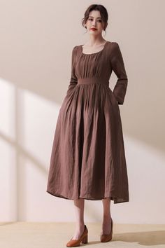 Linen Dress Women's Long Sleeve Linen Midi Dress in - Etsy UK Fitted Brown Pleated Midi Dress, Long Sleeve Brown Midi Summer Dress, Brown Long Sleeve Vintage Dress For Spring, Brown Modest Midi Dress For Spring, Modest Brown Midi Dress For Spring, Brown Knee-length Midi Dress For Fall, Fall Beige Pleated Midi Dress, Brown Pleated Midi-length Dress, Brown A-line Maxi Dress For Spring