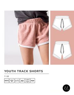 the youth track shorts sewing pattern is shown in white and pink, with an image of a