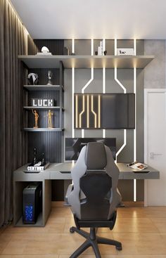 a modern home office with black and white decor, built - in shelving units