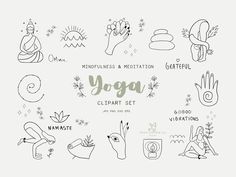 the yoga icons are drawn in black and white, with handwritten words above them