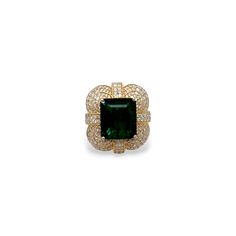 This beautiful vintage-inspired ring features a 8.08 ct emerald center stone embellished with 2.27 total ct of round diamonds set on a 14k yellow gold band. Ring can be sized upon purchase. Exquisite Green Emerald Ring With Pave Setting, Elegant Green Emerald Ring With Pave Setting, Elegant Emerald Ring In Yellow Gold With Pave Setting, Elegant Emerald Ring With Pave Setting In Yellow Gold, Elegant Yellow Gold Emerald Ring With Pave Setting, Emerald Gem, Round Diamond Setting, Etsy Gold Ring, Gold Band Ring