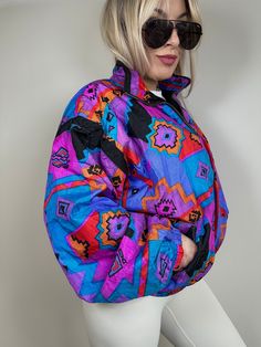 Vintage Aztec Multicolor Nylon 90s Bomber Jacket - Etsy Colorful Fashion, Dallas, Gender Neutral, Bomber Jacket, Coats Jackets, Jackets & Coats, Neon, Ships, Color