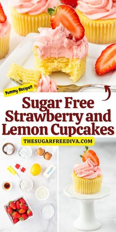 Sugar Free Lemon Cupcakes Recipe With Strawberry Frosting Low Calorie Cupcakes, Sugar Free Frosting Recipe, Coconut Sugar Recipes, Lemon Cupcakes Recipe, Cupcakes With Strawberry Frosting, Healthy Cupcake Recipes, Sugar Free Cupcakes, Strawberry Cupcake Recipes, Sugar Free Frosting