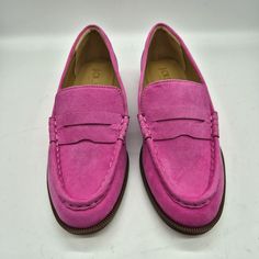 Add A Pop Of Color To Your Wardrobe With These J.Crew Women's Penny Loafers In A Beautiful Intense Pink. These Slip-On Flats Feature An Almond Toe Shape And Are Made With High-Quality Textile Material. Perfect For Any Occasion, Whether It's A Casual Day Out Or A Formal Business Meeting, These Shoes Are Versatile And Stylish. The Slip-On Closure Makes It Easy To Wear And Take Off, And The Solid Pattern Is Timeless. These Loafers Are Part Of The J.Crew Brand, A Well-Known And Trusted Name In The F Pink Classic Slip-on Loafers, Classic Pink Slip-on Loafers, Pink Round Toe Moccasins For Spring, Pink Spring Moccasins With Round Toe, Pink Moccasins For Spring, Pink Spring Moccasins, Classic Pink Loafers With Leather Sole, Classic Pink Loafers With Rubber Sole, Classic Pink Loafers With Round Toe