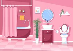 a bathroom with pink walls and flooring has a tub, toilet, sink, mirror and potted plant in it