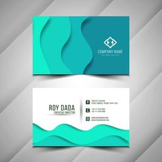 two business cards with wavy shapes on the front and back, one is blue and green