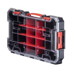 a tool box with compartments and dividers on the inside is shown in black and red